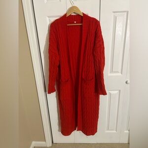 Red Cable Knit Sweater Coat (Long Cardigan) with Pockets Size 5X